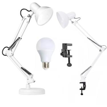 Imagem de Luminária Mesa 2x1 Metal Abajur Lâmpada Base Garra Flex + Lâmpada LED GIMPO 811c Cor: Branco