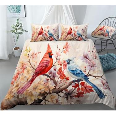 Imagem de Jogo de cama cardeal de pássaros coloridos cardeais, 7 peças, flores, cor da primavera, inclui 1 lençol com elástico + 1 edredom + 4 fronhas + 1 lençol de cima (C, cama de solteiro em um saco - 7