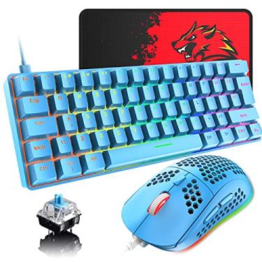 Imagem de Combo de teclado e mouse mecânico azul 60% verdadeiro, 20 personagens RGB Chroma retroiluminados, tipo C, com 62 teclas, teclado à prova d'água, mouse leve para jogos e mouse pad para jogadores
