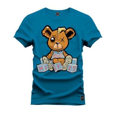 Imagem de Camiseta Plus Size Casual 100% Algodão Estampada Urso Marrom Boladinho Azul G3