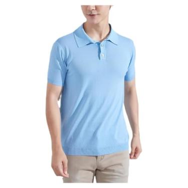 Imagem de Camisa masculina de malha casual primavera verão solta manga curta lisa, Azul gelo, M