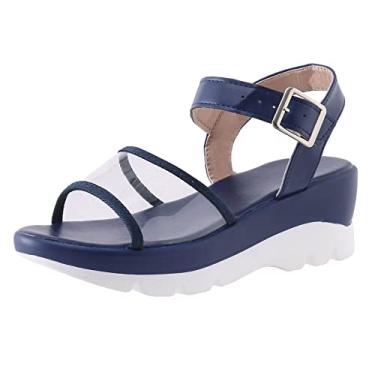 Imagem de Coerni Sandálias femininas modernas de primavera e verão, sola grossa, cor sólida, transparente, bico aberto, cadarço, sandálias femininas, Azul, 38