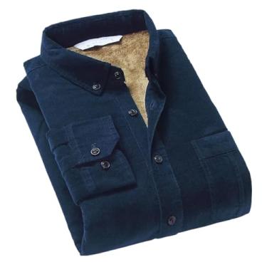 Imagem de Camisa masculina de algodão veludo cotelê quente inverno forro de lã grossa camisa térmica manga longa camisa masculina inverno, Azul marinho, GG
