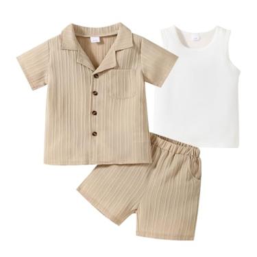 Imagem de ADXSUN Roupas infantis para meninos, manga curta, camisa de botão + shorts + colete branco conjunto de roupas de verão 2-7 anos, Bege, 5-6 Anos