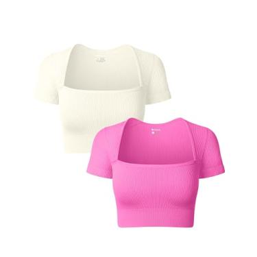 Imagem de OQQ Camisetas femininas de manga curta com gola quadrada, elástica, básica, 2 peças, Rosa, bege, M