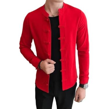 Imagem de Camisa masculina de linho manga comprida gola mandarim casual quimono estilo chinês tradicional camisa social masculina ajuste regular, Vermelho, PP