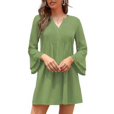 Imagem de BELONGSCI Vestido feminino de verão 2024 doce e fofo decote em V manga 3/4 casual vestido de turno, X2: Verde, M