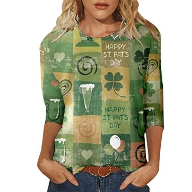 Imagem de Camisetas femininas do Dia de São Patrício Shamrock Lucky camisetas túnicas verdes com gola redonda básica, Caqui, P