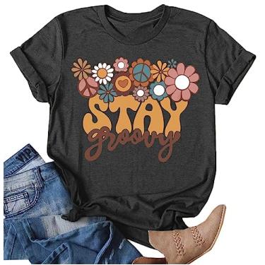 Imagem de Camiseta feminina Stay Groovy com estampa floral fofa hippie anos 70 camiseta verão, Cinza, GG