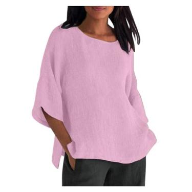 Imagem de PKDong Camiseta feminina de linho de cor sólida camisetas femininas manga 3/4 gola V camisetas de verão grandes para mulheres, Z01 rosa, GG