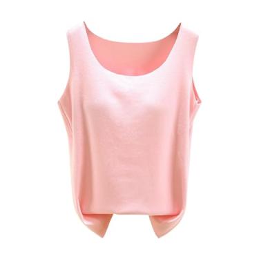Imagem de Regatas femininas com sutiãs embutidos verão alça larga camiseta básica acolchoada academia treino yoga colete confortável, rosa, GG