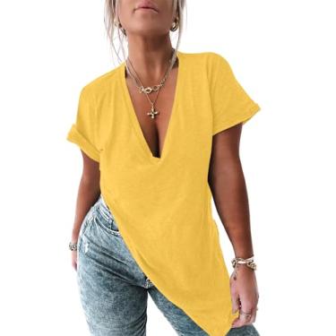 Imagem de Tankaneo Camiseta feminina de manga curta com decote em V profundo e fenda lateral grande para o verão, Amarelo, GG