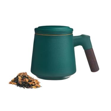 Imagem de ZENS Xícara de chá com infusor e tampa, caneca de chá solta com cabo de madeira, caneca íngreme de cerâmica fosca de 340 g para presentes de chá/verde escuro
