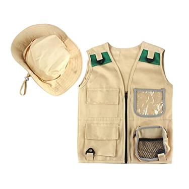Imagem de Newmind Durable Kid Khaki Cargo Vest and Hat with 4 Pockets Dress Up for Zoo Keeper