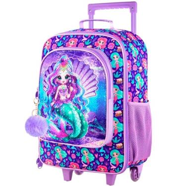 Imagem de AGSDON Mala de viagem infantil com rodas, mochila compacta com rodinhas para meninos e meninas, BK sereia roxa, 13.5"x 18"x 6", 18 liters