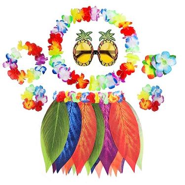 Imagem de PHOGARY Kit de acessórios para fantasia de 7 peças de saia havaiana de hula de folha de flor havaiana, conjunto de saia de grama hula havaiana, roupas de luau para mulheres e adultos, saia de festa