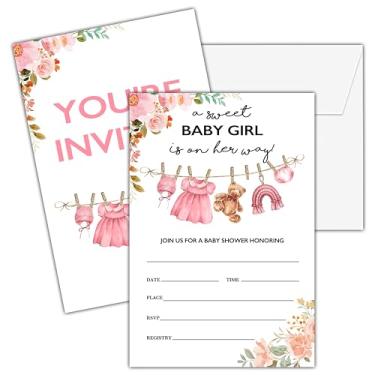 Imagem de Convites para chá de bebê, 25 roupas de bebê dupla face para meninas convites de chá de bebê com envelopes, decoração floral rosa lavanderia suprimentos lembrancinhas - A08