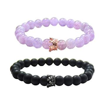 Imagem de UEUC Pulseira King & Queen Crown Distance Casal His and Her Friendship Pulseira com contas de 8 mm, Pedra, Pedra