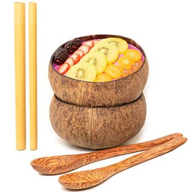 Imagem de Rainforest Bowls Conjunto de 2 tigelas pequenas de coco cru, 2 colheres de madeira e 2 canudos de bambu reutilizáveis - 100% natural, esculpido à mão por artesãos, ecologicamente corretos e