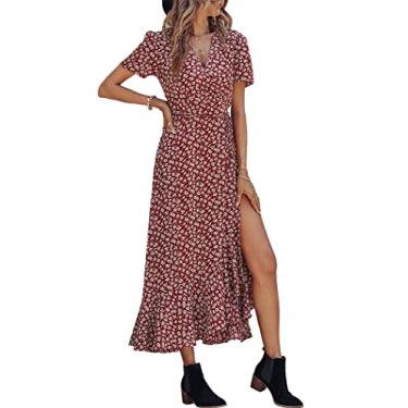 Imagem de PRETTYGARDEN Vestido maxi feminino de verão, casual, floral, decote em V, manga curta, bainha com babados, vestidos longos de praia, Vinho, floral, GG