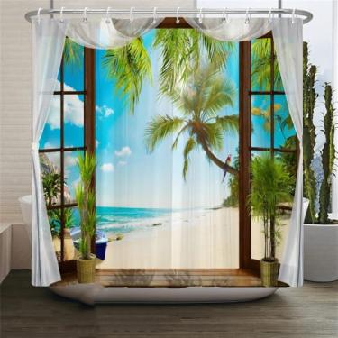 Imagem de Cortinas de chuveiro com cenário de praia, mar, oceano, mediterrâneo, cortina de banheiro, tecido impermeável, decoração, 2, W300xH180cm