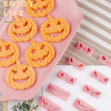Imagem de 10 moldes de biscoito de abóbora de Halloween para assar molde de biscoito prensa conjunto de moldes de biscoito de Halloween ferramentas de cozinha carimbos de biscoito de bruxa de plástico cortador