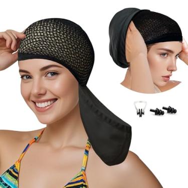 Imagem de Lynllsh Touca de natação feminina para cabelo comprido tecido PU touca de natação para mulheres homens adultos jovens com tampão de ouvido e clipe de nariz, chapéus de natação para proteger o cabelo