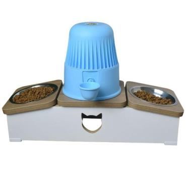 Imagem de Comedouro Elevado Duplo Hibrido Gato Base Bebedouro Pet MDF - Inox - M