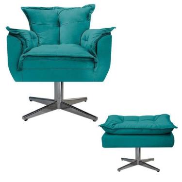 Imagem de Kit Poltrona e Puff Zatti Base Giratória de Metal Suede Azul Turquesa 