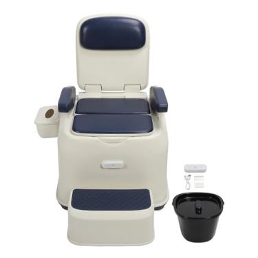 Imagem de Cômoda de cabeceira Vomeko, couro PU anti-odor, braços giratórios, luz noturna, banquinho para os pés, banheiro portátil, banheiro móvel, banheiro para idosos, para idosos e (Balde interno azul)
