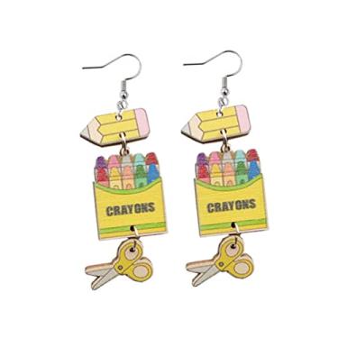 Imagem de Lindos brincos de giz de cera para lápis, brincos engraçados de madeira para professores, mulheres, meninas, professores, estudantes, formatura, volta às aulas, Metal metal madeira, madeira