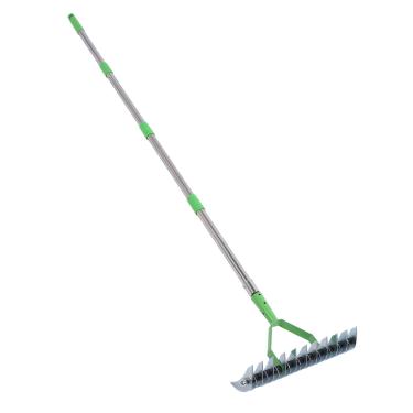 Imagem de Preparação de Grama de Metal, Revestimentos de Erosão de Material de Aço Inoxidável Forte, Anti Deformação, Ancinho de Palha Com Haste de Extensão para Jardim de Quintal