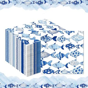 Imagem de Guardanapo de papel de peixe oceano, 40 peças, azul, aquarela, peixe, descartável, guardanapo de papel de jantar, para casa, cozinha, banheiro, artigos de festa, decoração de mesa, 16,5 x 16,5