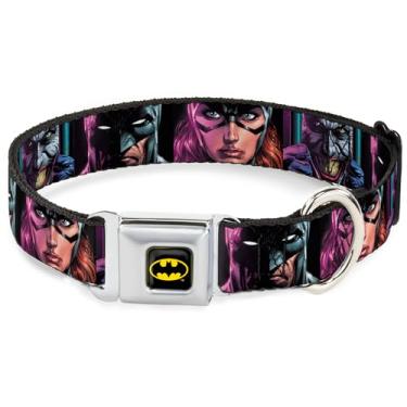 Imagem de DC Comics Coleira para animais de estimação, coleira de cachorro, fivela de cinto de segurança de metal, capa de quadrinhos Batman Batgirl e Coringa, feche o rosto, 33 a 43 cm de largura