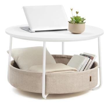 Imagem de VASAGLE Mesa de Centro com Armazenamento, Mesa Redonda para Sala de Estar com Cesta de Tecido, Estilo Moderno, Estrutura de Metal, Branco Fosco e Marrom Camelo BRLCT244W10