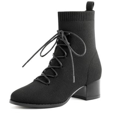 Imagem de AIUZO Botas de cano curto de malha com cadarço bico fino de 3,5 cm salto grosso feminino botas outono inverno sapatos, Preto, 38