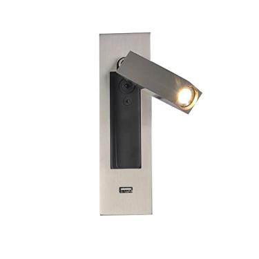 Imagem de Arandelas de parede 3W 3000K, luminária de parede LED, luminária de leitura, ajustável Art Déco para cabeceira interna, quarto, sala de estar com porta de carregamento USB (níquel escovado)