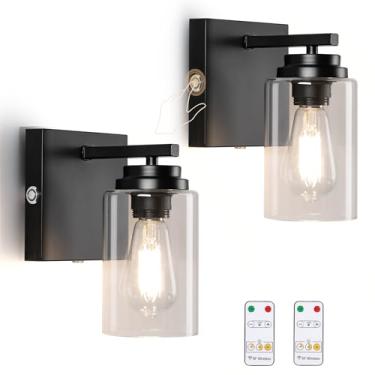Imagem de Lightess Conjunto de 2 arandelas de parede operadas por bateria com controle remoto, arandelas de parede sem fio, luminárias recarregáveis com sombra de vidro transparente para casa de fazenda,