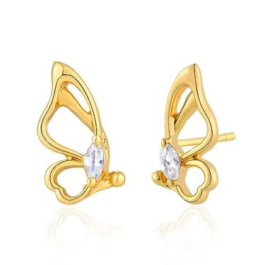 Imagem de BENEIGE Brincos de ouro delicados para mulheres banhados a ouro 14 K argola pendurada cobra olho turco borboleta cruz coração orelha brincos hipoalergênico minimalista joia presente para mulheres, Butterfly-4, Latão, Zircônia cúbica