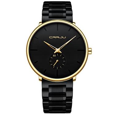 Imagem de Relógios masculinos ultrafinos minimalistas à prova d'água - relógio de pulso moderno unissex com pulseira de aço inoxidável - ponteiros pretos, Ouro preto e dourado