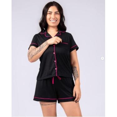 Imagem de Pijama Americano Preto com Botões e Detalhes Rosa - Madame Didi, P
