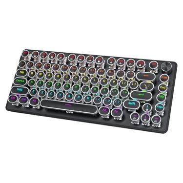 Imagem de TISHLED Teclado mecânico para jogos estilo máquina de escrever com botão de volume arco-íris retroiluminado por LED compacto TKL 82 teclas NKRO Clicky Blue Switches Hot Swappable Retro Steampunk