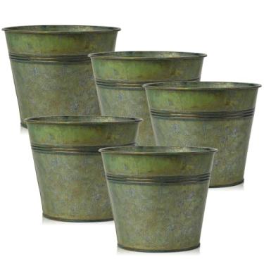 Imagem de Briful 5 peças baldes galvanizados 7,1 polegadas rústico casa de fazenda balde de flores galvanizado, vaso de plantas, decoração interna e externa, vaso de lata, bronze