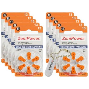 Imagem de ZeniPower Tamanho de 60 baterias de aparelho auditivo: 13 + kit de chaveiro de suporte de bateria