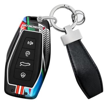Imagem de HIBEYO Capa de chaveiro de 4 botões compatível com Geely Coolray X6 Emgrand Global Hawk GX7 Acessórios modernos de metal pintado com chaveiros de couro - 4 botões TRUMPET Black
