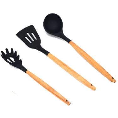 Imagem de Kit 3 Pçs Espátula Concha Colher Silicone Madeira Não Risca - stuff li