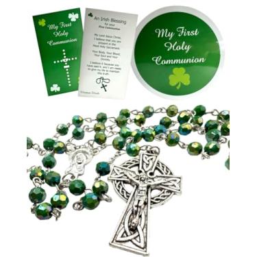 Imagem de Westmon Works Conjunto de rosário irlandês de primeira comunhão com contas verdes da Irlanda, crucifixo celta de metal, cartão sagrado e estojo