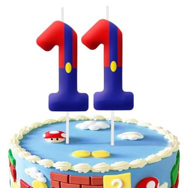 Imagem de Velas com número de aniversário de 11 anos e vermelhas, decorações de topo de bolo número 11 para festas temáticas de jogos de desenho animado, velas de bolo de aniversário para meninos e meninas,