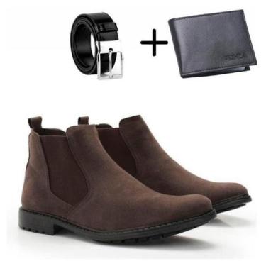 Imagem de kit bota masculina camurca acompanha cinto e carteira conforto dia a d