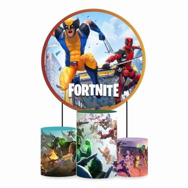 Imagem de Kit Painel de Festa Redondo de 1,50m e Trio de Cilindros Fortnite - Fera Print